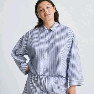 Everlane Button Up Crop PJ Top Size Blue White Stripe Boxy Cotton NWT